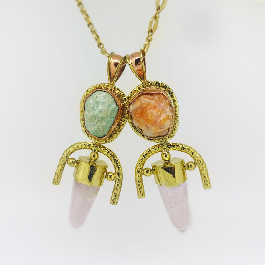 ROSE QUARTZ + Orange Calcite Double Gemstone Pendulum / Amulet ROUGH DOUBLE GEMSTONE PENDULUM PENDANT